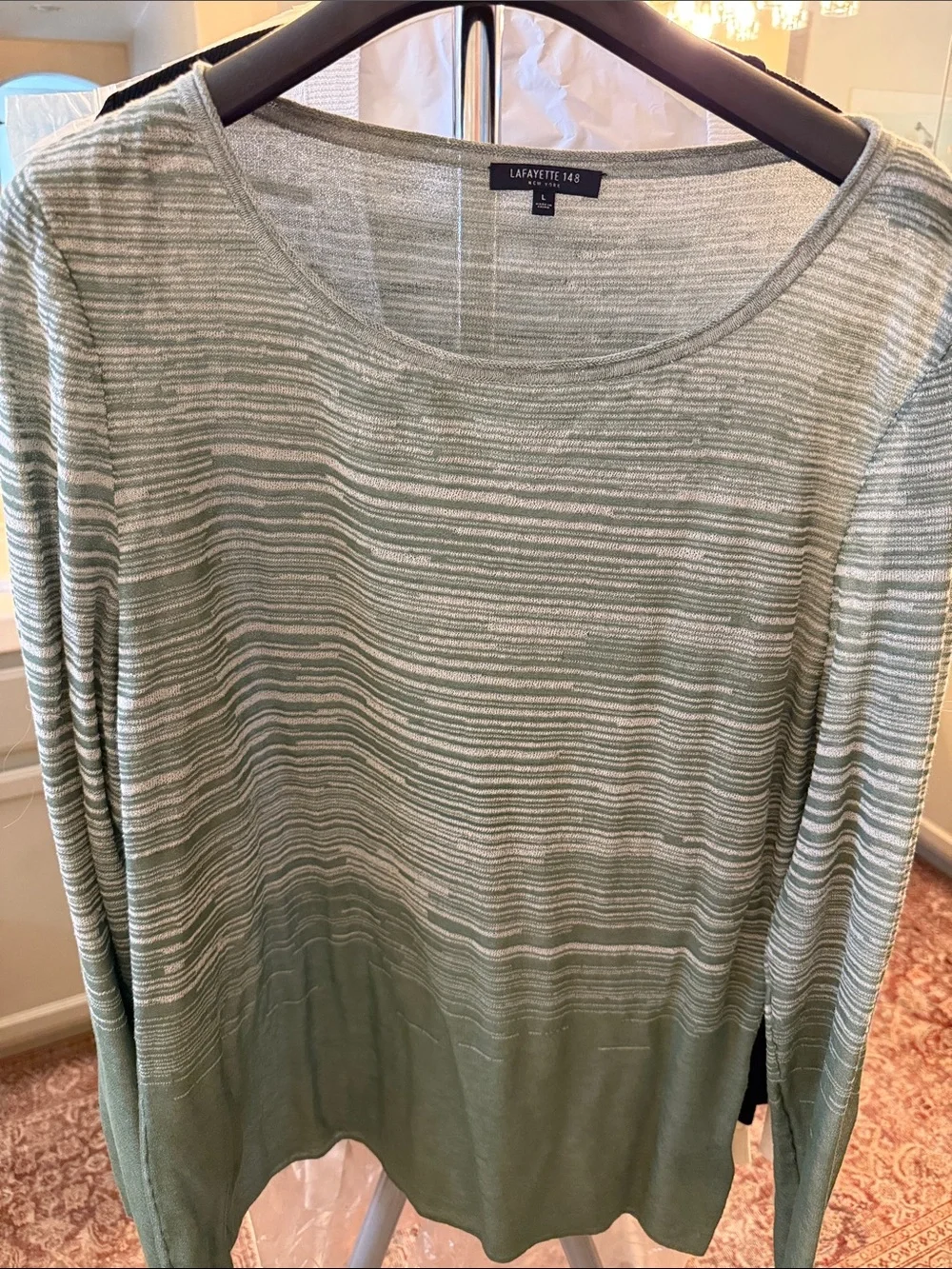Lafayette 148 New York sage green and cream striped knit top